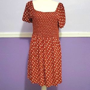Boho Prairie Rusty Printed Smocking Top Puff Sleeves Flowy Summer Mini Dress L/X